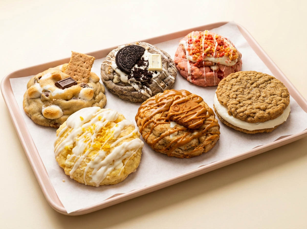 An assortment of Kimmy's Cookies flavors arranged together on a blush tray